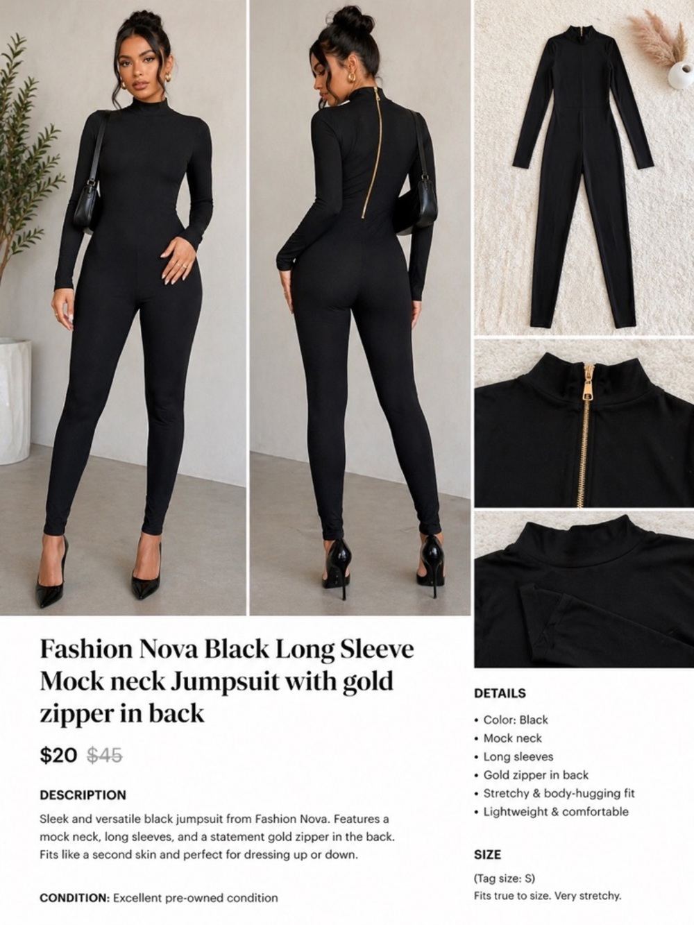 Fashion Nova Black Long Sleeve Mock neck Jumpsuit gold zipper back Size Small